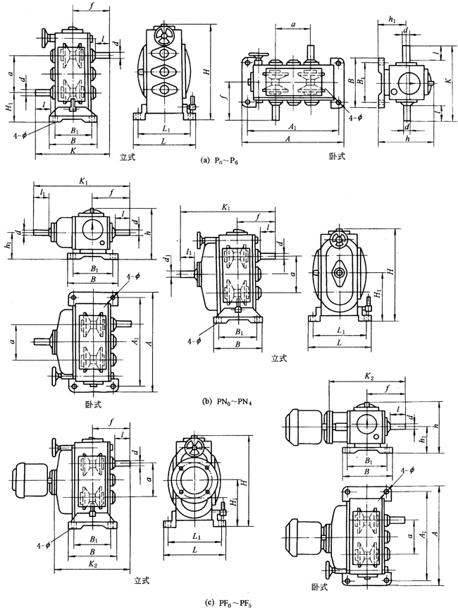 P型齒鏈?zhǔn)綗o級變速器外型及安裝尺寸(JB/T6952-1993)